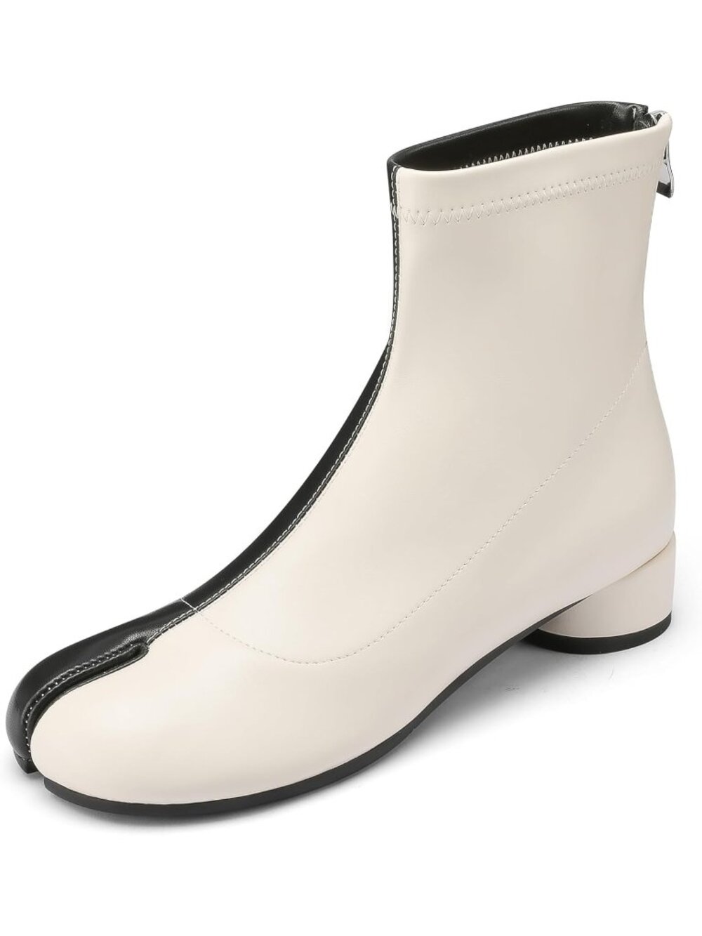 Women's Beige And Black Tabi Japanese Ninja Split Toe Low Chunky Heel Boot Shoes